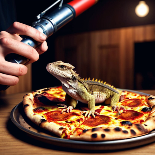 A scene in the holoscene period, where a bearded dragon thats 8 inch long, and is eating pizza with a rocket launcher on its back.