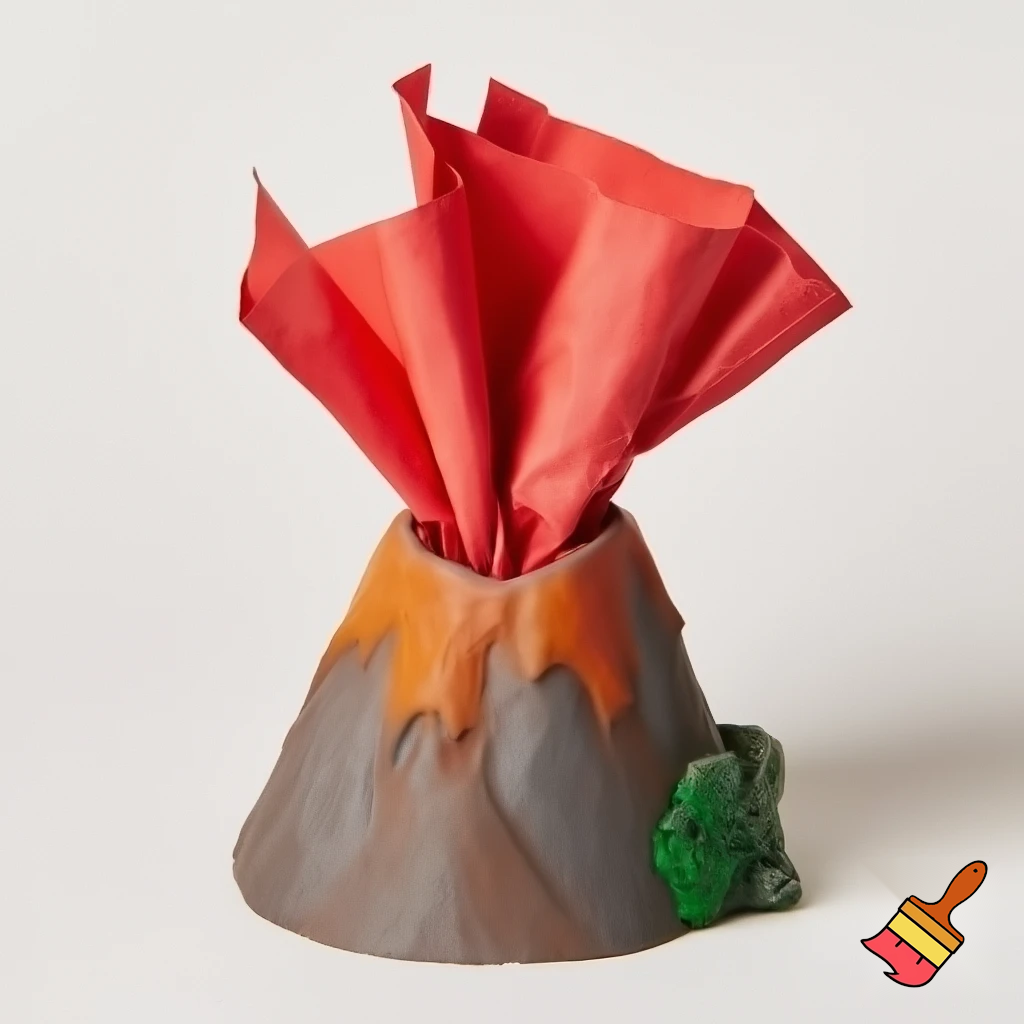 Create a packaging for a tissue box in the shape of a volcano with red tissues coming out from the top of the volcano."