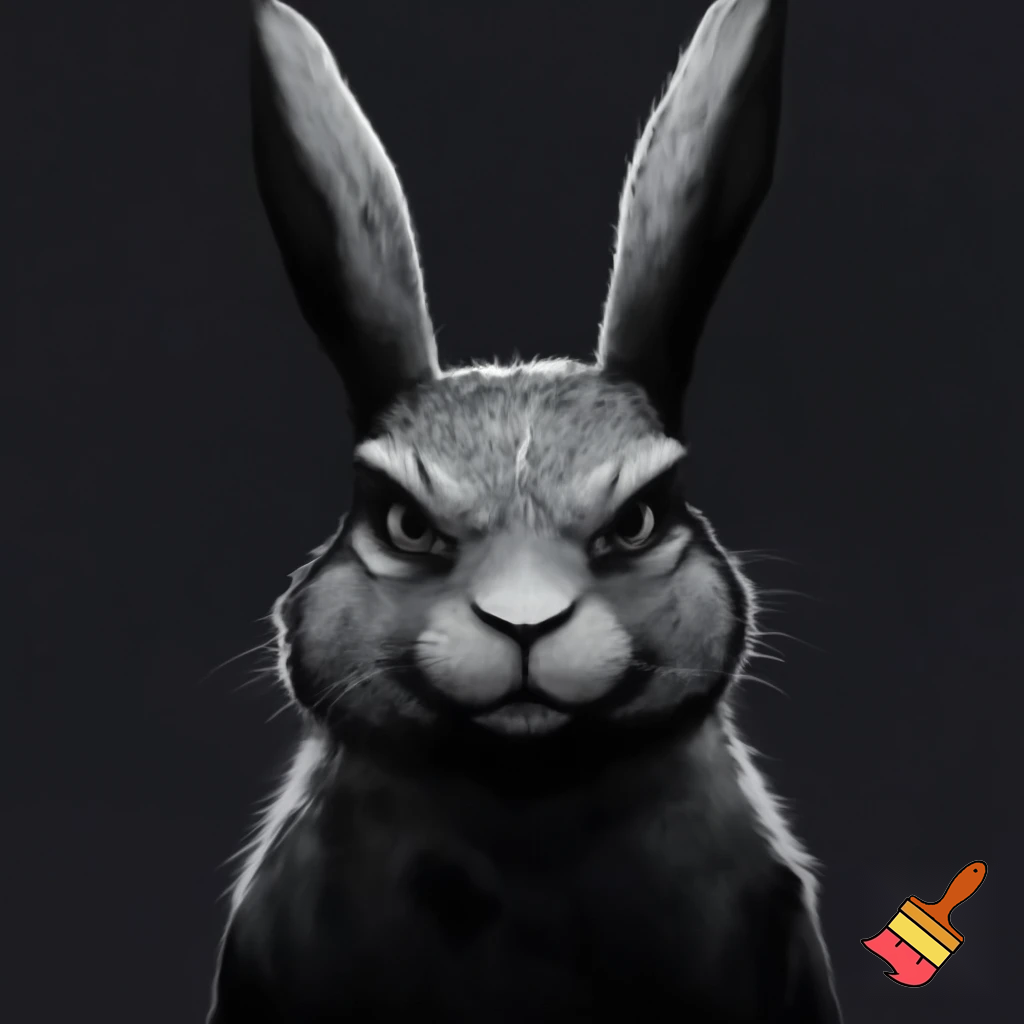 feral rabbit taking a mugshot looking sinister and looking  menacing and smirking.