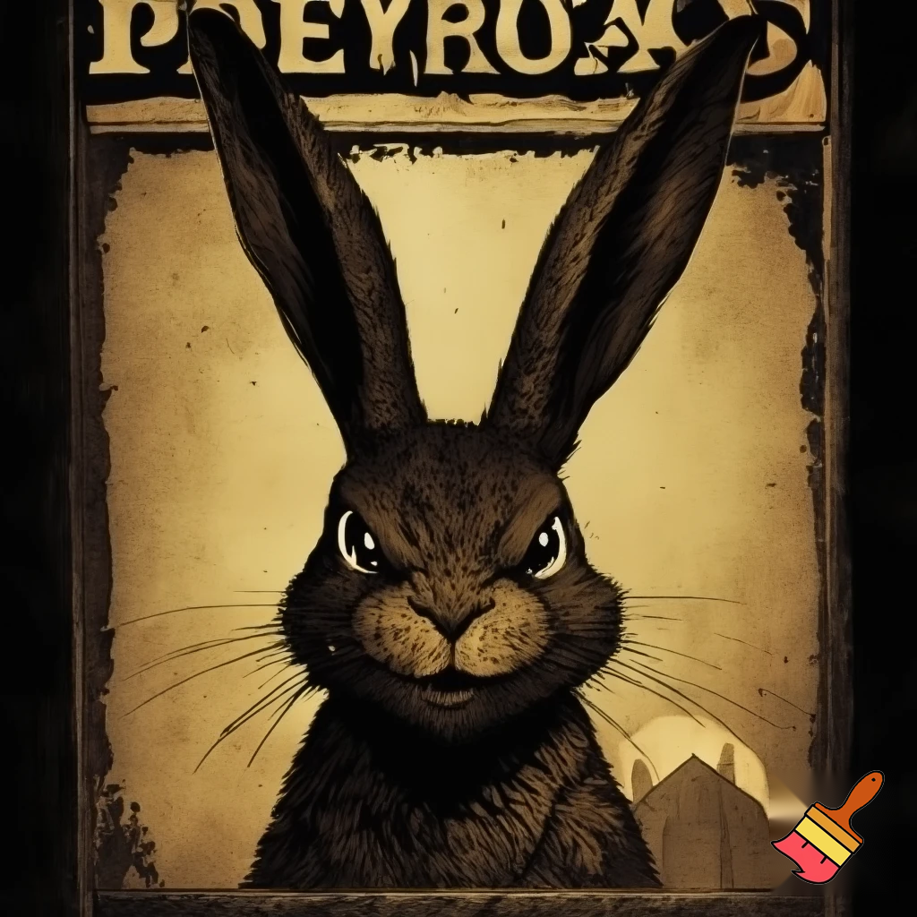 wanted poster of a rabbit smirking and looking sinister and menacing