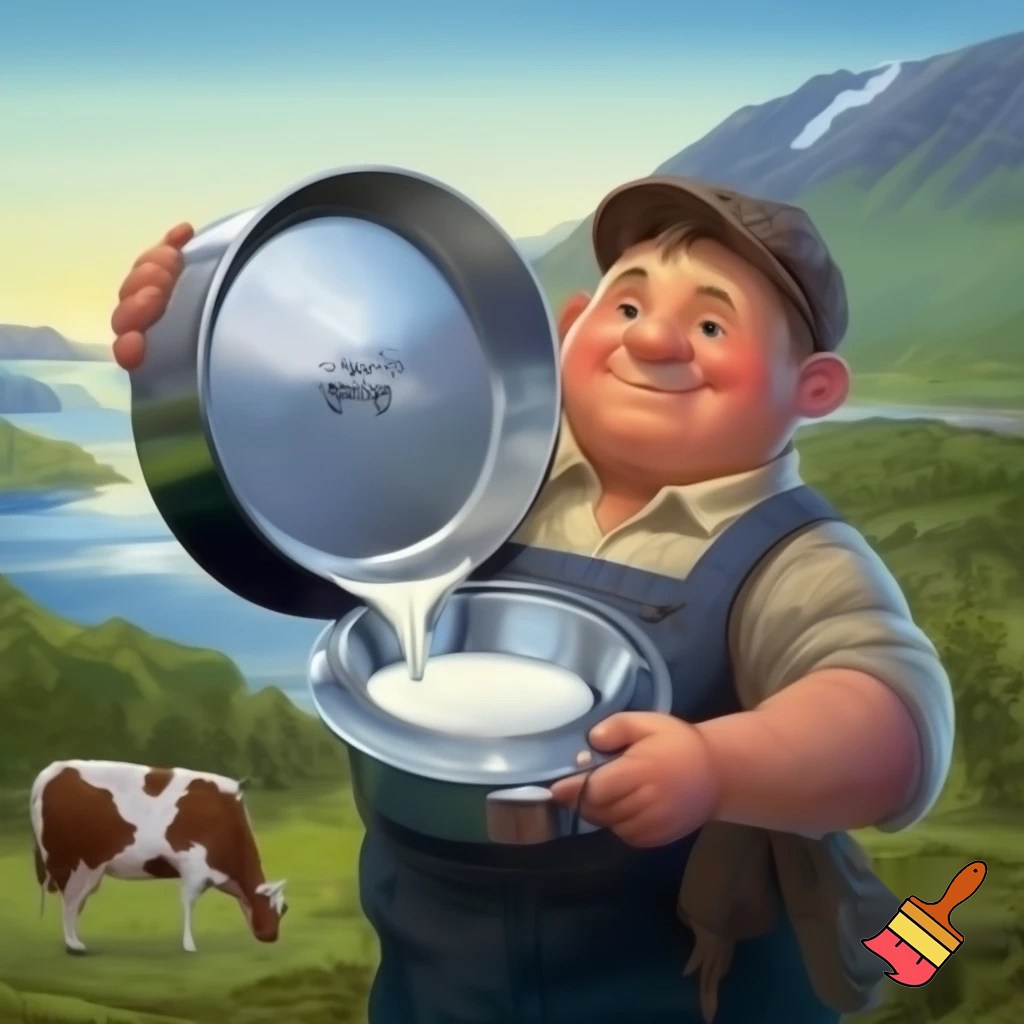 generer et bilde til en reklameplakat, produktet vi skal reklamere for er melkespann laget av vårt firma Nessemaskin. Slagordet vårt er "Litt melk om dagen gjør bra for magen, kjøp vårt melkespann så smiler både mor og mann". Vi vil også få fram at vårt firma er det eneste du kan stole på, spill på nasjonalromantikken og få fram at produktet vårt kan brukes til alt du kan tenke deg, det er bare fantasien som stopper deg. Spill på nasjonalromantikken ved å ha med kyr, fin norsk natur og ei budeie som holder melkespannet
