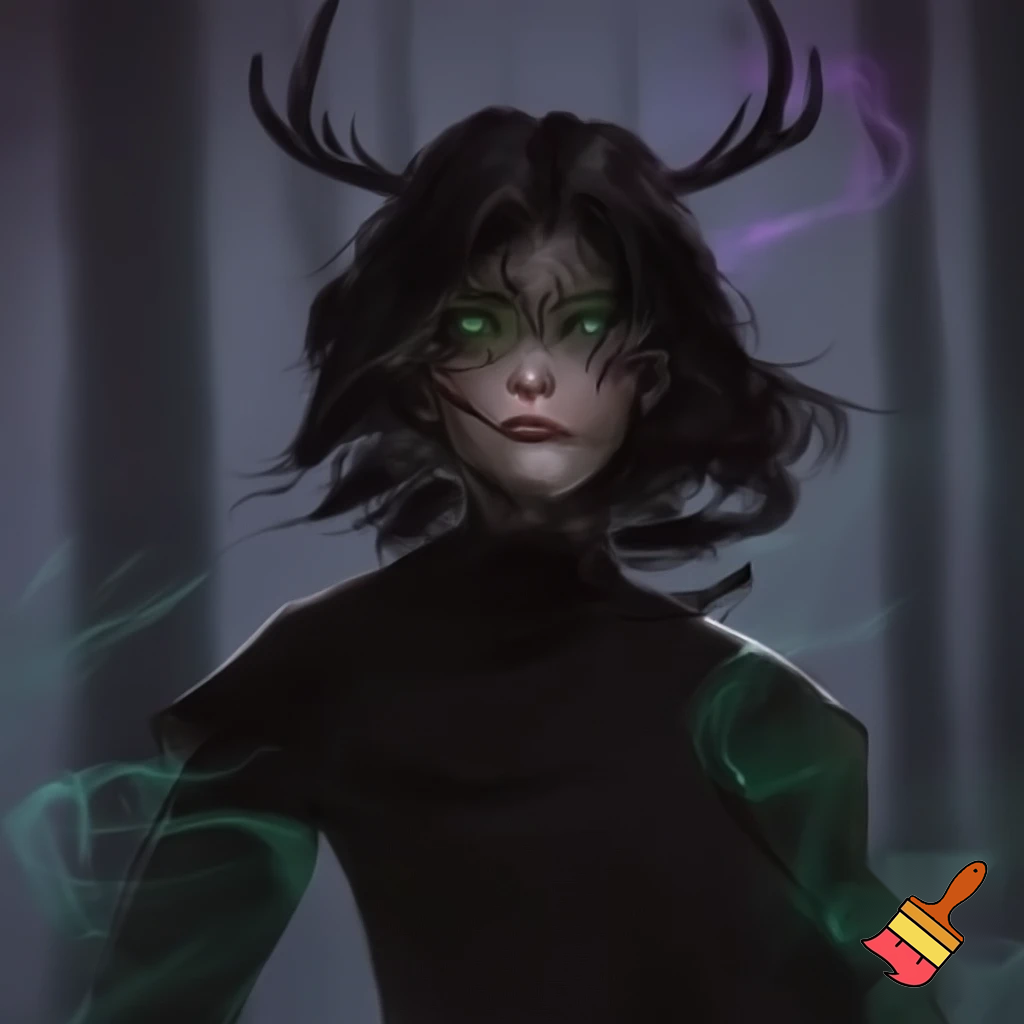 dnd druid rouge in all black with glowing eyes and small deer antlers