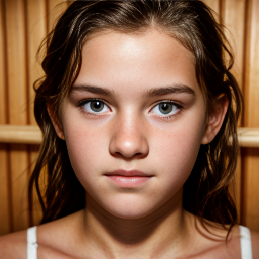 a self portrait of a 14 year old girl with wavy dark brown hair and brown eyes with a diamond face shape teenager , at sauna
