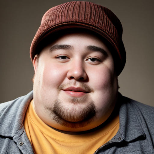 28 Year old Fat Guy with a big nose and has medium sized curly hair and is wearing a plain brown cap