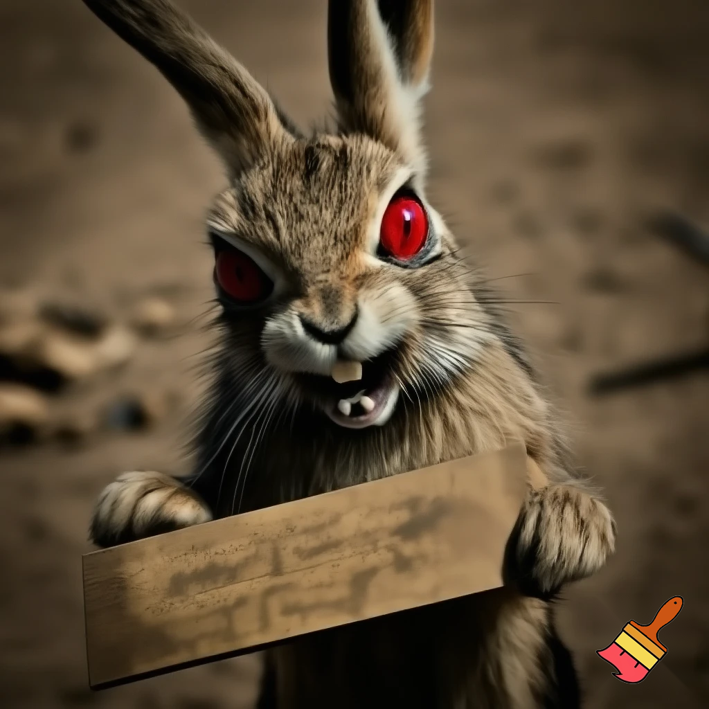 European rabbit red glaring eyes sharp teeth and fur holding a sign angry face fighter smile