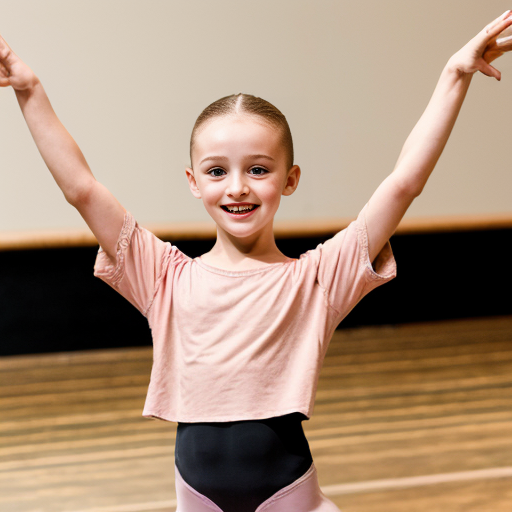 A 12 year old doing ballet (female) dark brown hair and Hazel/brownish eyes and singing too with pink clothes a beauty spot above the mouth and very light brown freckles dancing in ballet style 