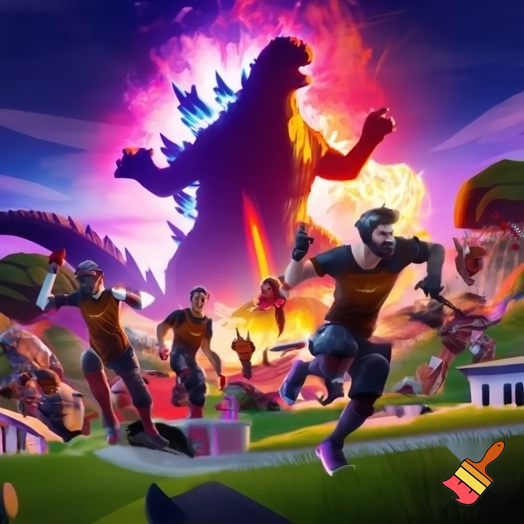 the esports team fnatic running away from godzilla in fortnite