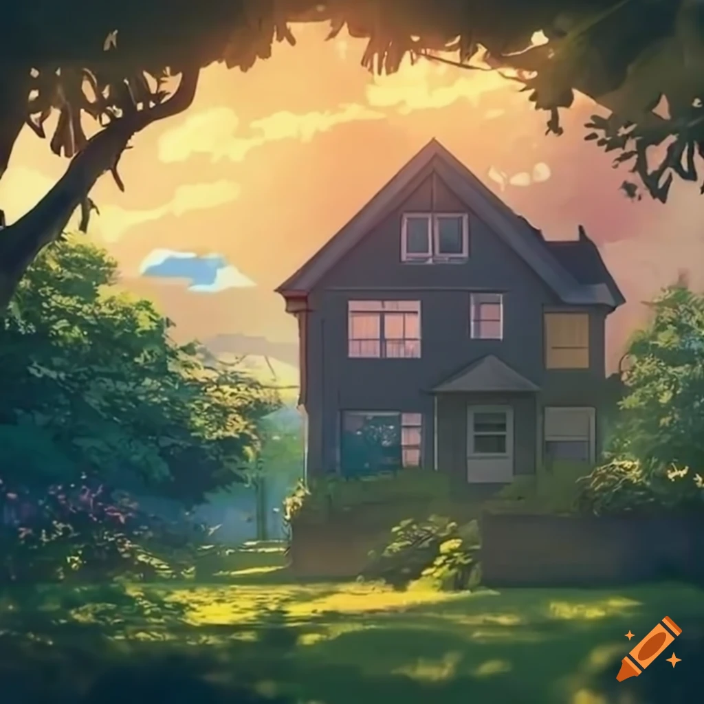house with a backdoor giant overgrown garden with lots of plants and trees in a suburb at sundown anime style small town neighbourhood