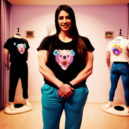 Species: Female care bear. Fur: Black. Features: large and muscular arms, huge muscles, circular eyes, eyelashes, sharp teeth, claws, busty, two meters tall, large breasts. Attire: Blue T-shirt and pants.