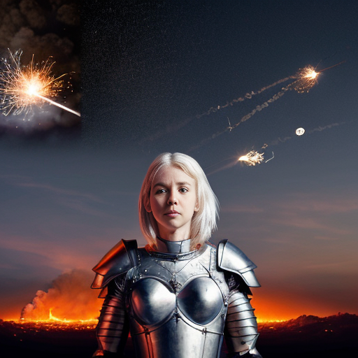 young white-haired woman in armor watches as meteorites fall on her castle