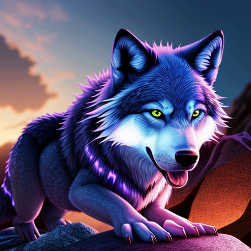 create an image of a blue wolf with glowing fur, glowing red eyes ,gleaming fangs and a crocidile face . It is on a rocky cliff