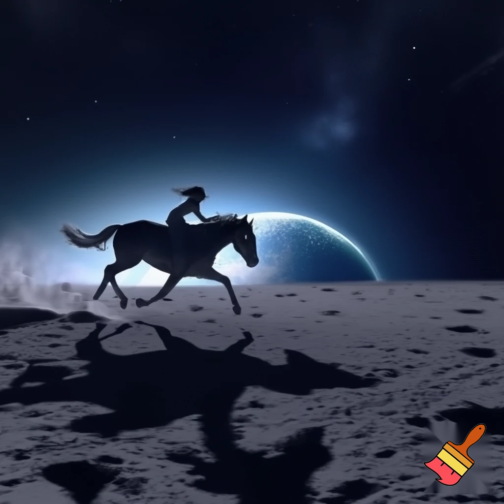 a horse and girl galloping on the moon bareback
