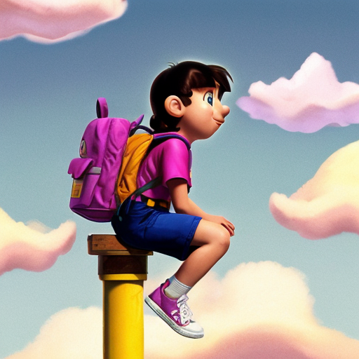 Little Dora purple backpack pink t-shirt orange sex short pants yellow socks white sneakers on a sitting big Cloud ride flying in the Sky the 1990s/early the 2000s mario