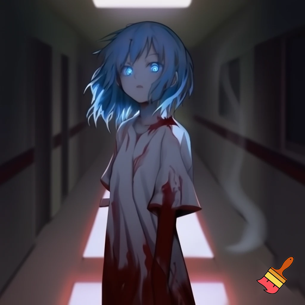 An innocent anime girl with short blue hair and glowing blue eyes wearing a bloody hospital gown
