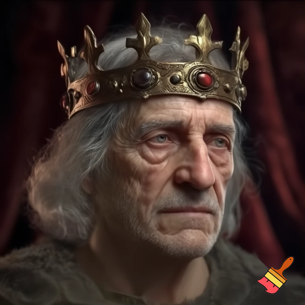 draw me a portrait of a 67 person in real life with a crown on him