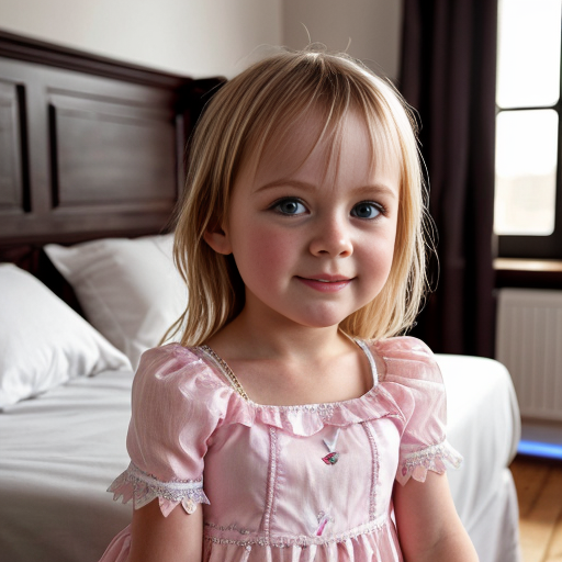 swedish blonde little girl  at night dress, very beautiful, on the bedroom, close up