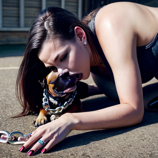 Woman who's entire body is chained to the ground being licked by a large dog 
