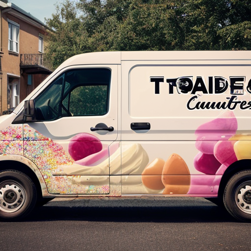 A white delivery van (side view) with full vehicle wrap design for "Тортик" bakery. On the side: large logo, the slogan "Сладость, объединяющая семью", phone number + website, and a playful graphic of scattered candy sprinkles in brown, cream and raspberry colors. The design is eye‑catching but clean, not cluttered. The van is parked on a sunny residential street. High resolution, realistic automotive mockup, bright daylight.