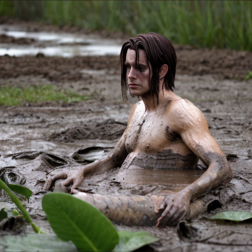 Swamp merman.  Anime. Fishtail. Worried. Stuck in a drying up mud puddle. Handsome. Gills. 
