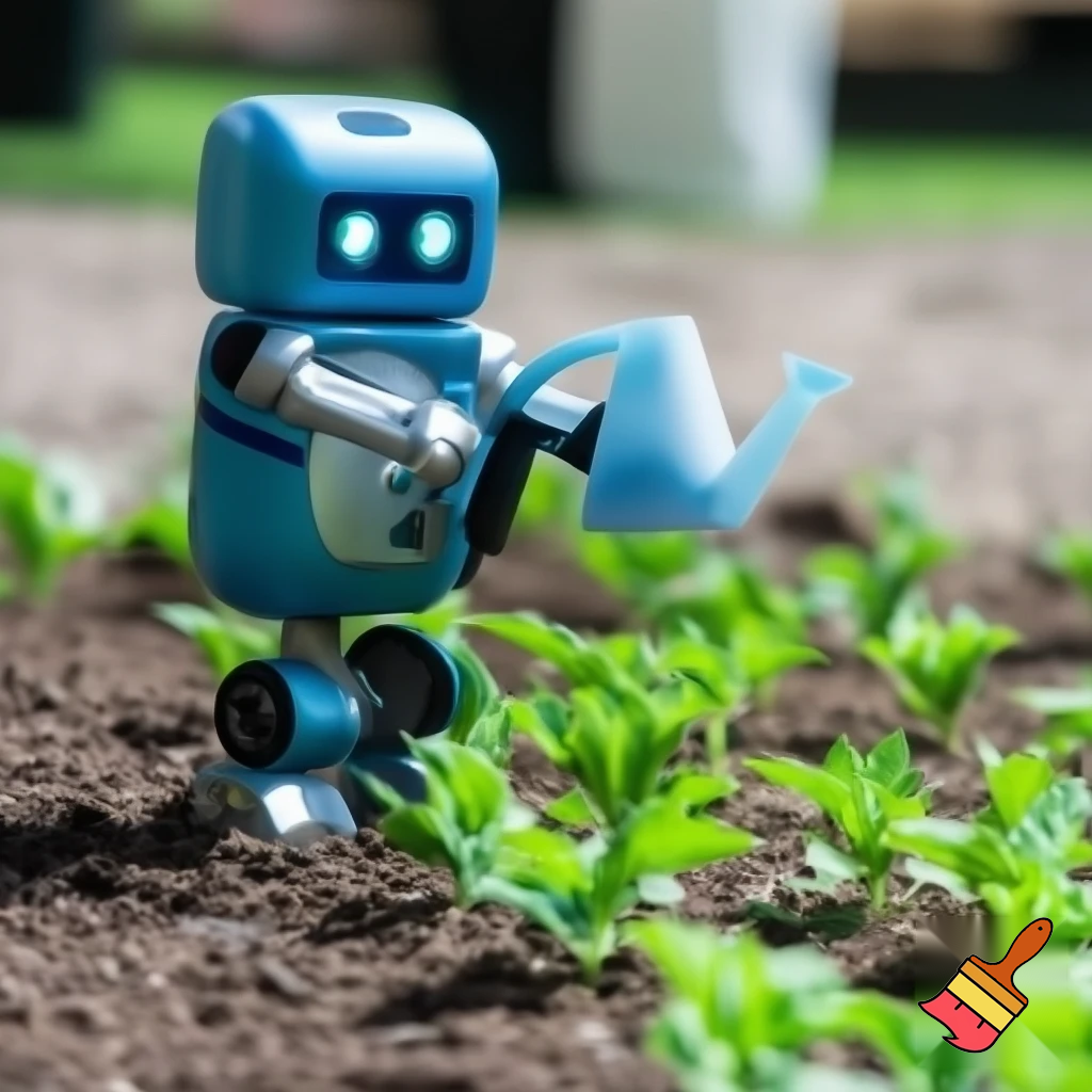 Un robot assistant qui arrose une plante... en plastique.