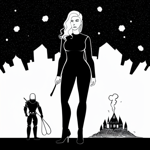 young, tall, white-haired woman in armor stands in front of a burning castle into which meteorites are falling.