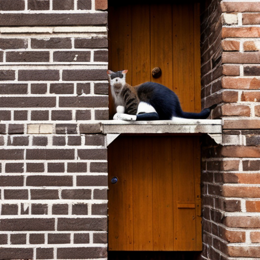 Create a image with a cat and a spider monkey repeling of the side of a brick wall