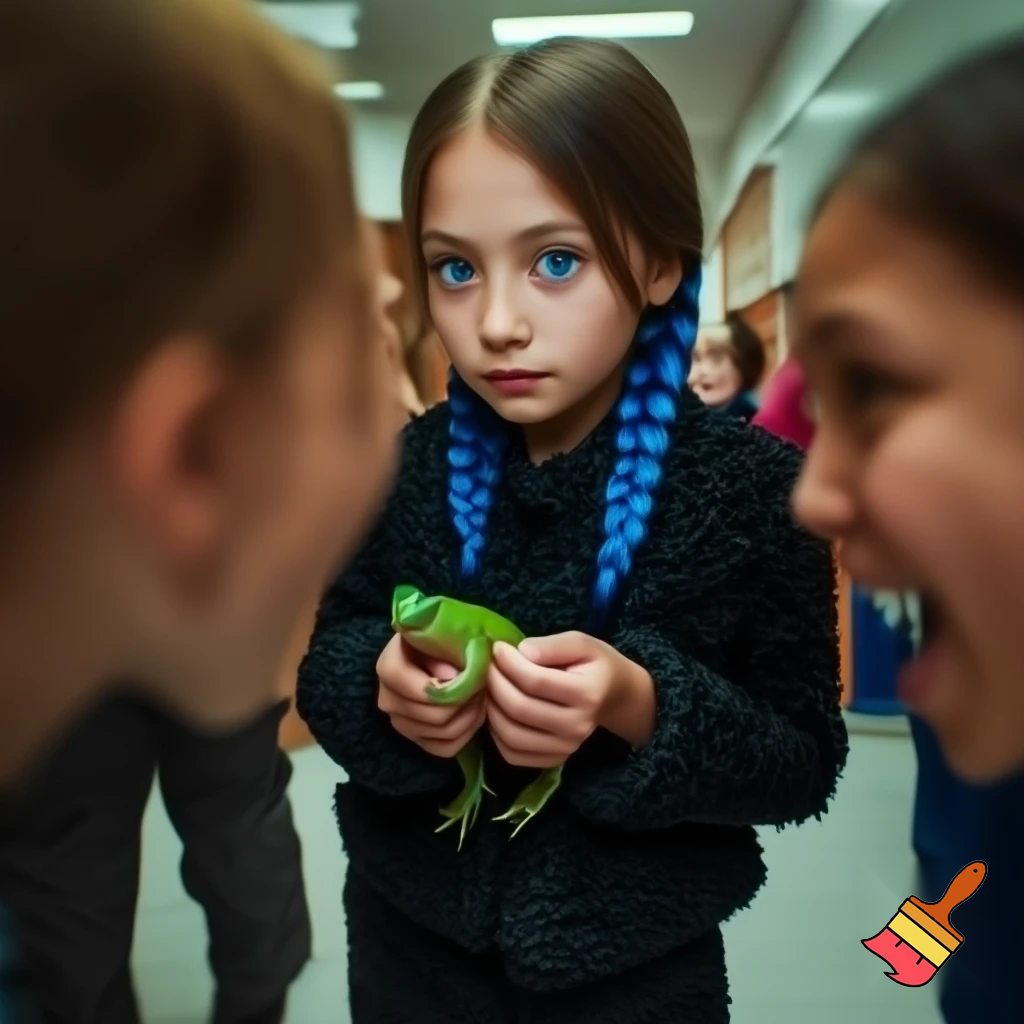 girl with blue braid and has a black jacket with blue eyes holding a frog all the people are looking at the frog scared at shcool the people opened there jaw