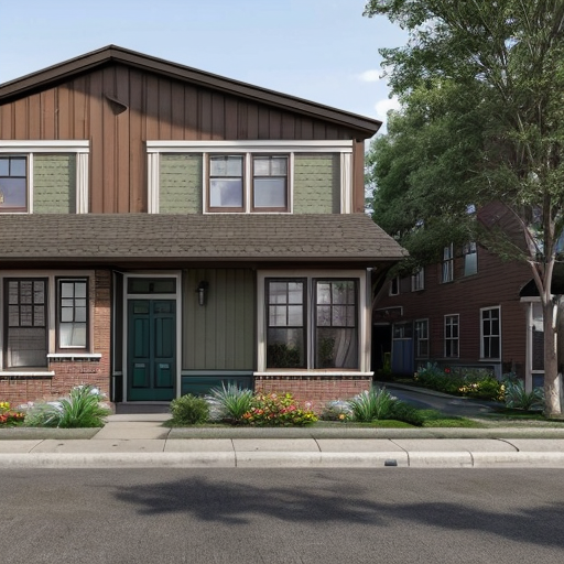 Generate an suburban neighborhood with one main rectilinear street and smaller, local streets separating off of it in a curved, varied manner. The urban space should have small street blocks with 5 or 6 uniform rectangular parcels and an interstate highway running along the edge of the neighborhood. Parcels should contain small square buildings and green garden areas behind them. Buildings should be mainly vernacular residential buildings (small homes) of about 2-3 floors with 2 or three small-scale commercial businesses on every other corner along the main street. Show entire neighborhood