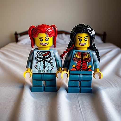 Pregnant Lego minifigures of Harley Quinn and poison ivy on a bed together 