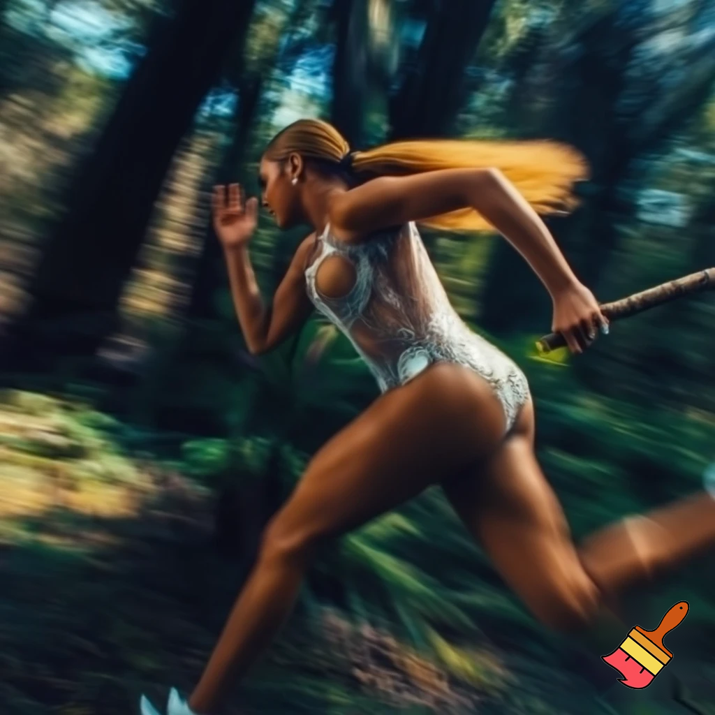 Beyonce with honey blonde slick ponytail runnning blurry photo with a diamond bodysuit chasing with a stick angry trough the woods