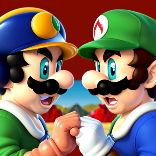 mario and luigi thumb wrestling each other on a big island, 90's dragon ball art style.