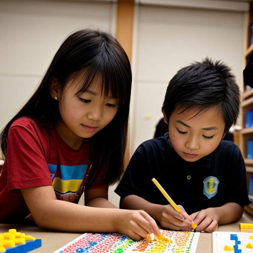 One asian student and 1 blonde student and 1 red haired grade 3 boys and girls making patterns with blocks while only wearing tabbed diapers