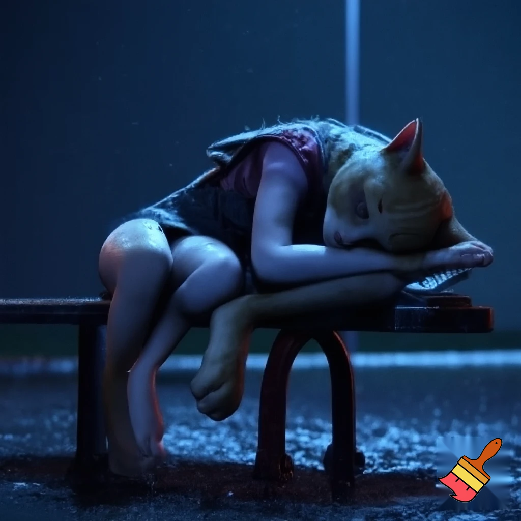 “3D cinematic shot of the cat-girl sitting on a street bench under a dim streetlight, drenched clothes, soft raindrops on fur, eyes downward, emotional mood, dark blue night tone, high detail, same character face and dress.”
