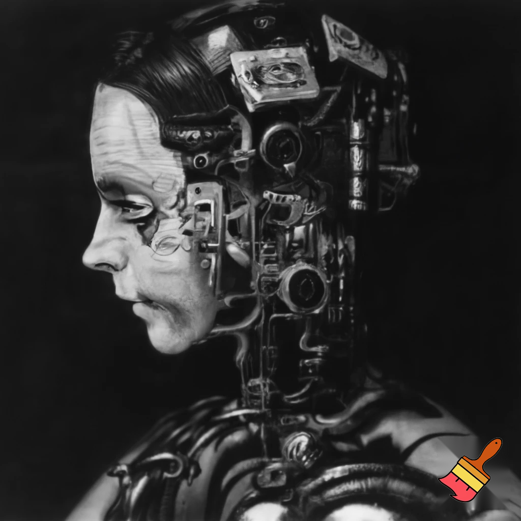 Bio-mechanical girl portrait, noise art. In the style of a 1920's German Expressionism. Black & white.