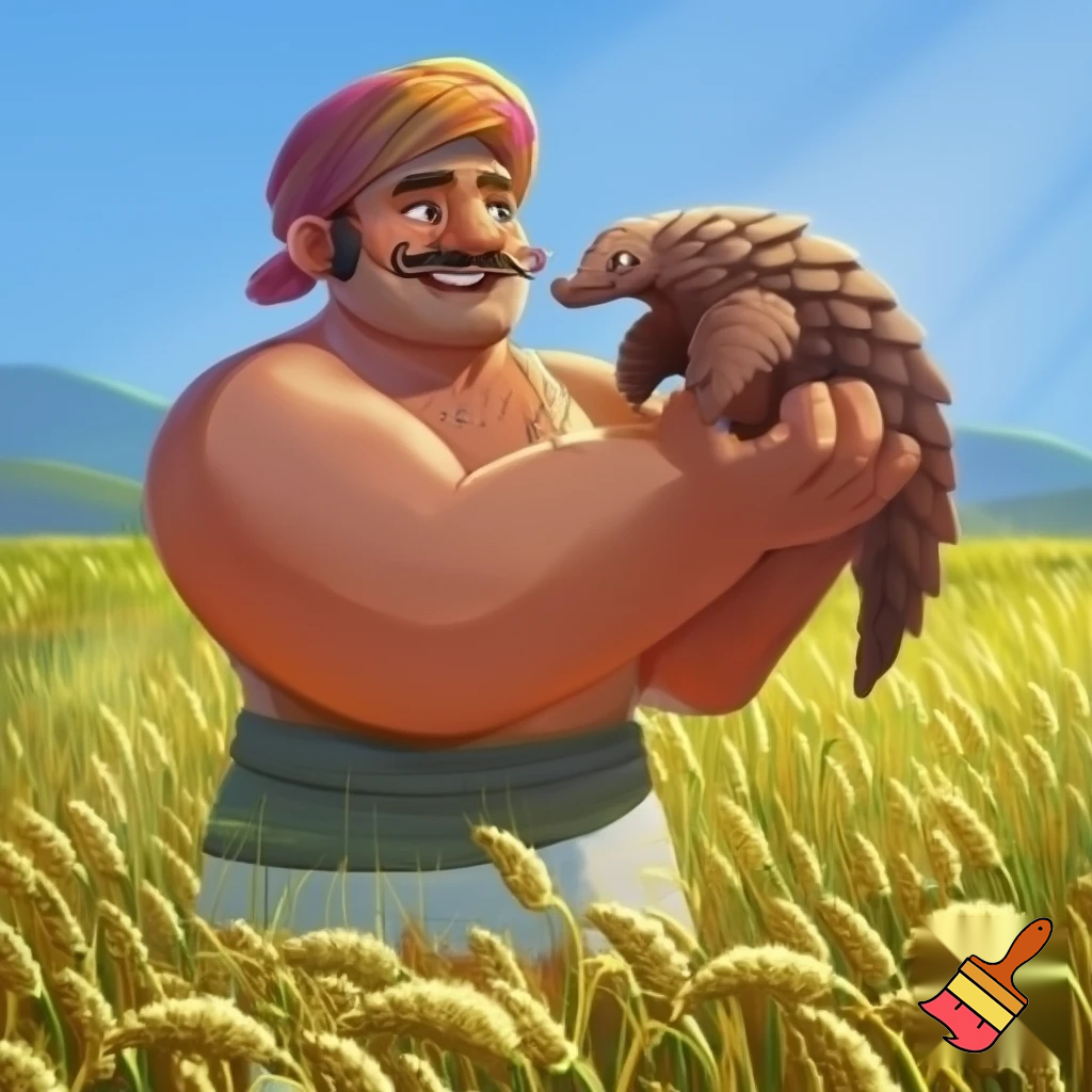 Create a muscular farmer wear a turban and dhoti playing with a pangune  3d cartoon type 
