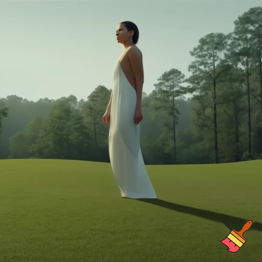 A hiperrealistic editorial image for an adult fiction novel cover modern women-nerd without clothes in hat view below all bodie .A solitary figure stands on a vast, rolling grassy hillside with Augusta National Pine trees in the background. The person is dressed in light-white clothing, creating a subtle contrast