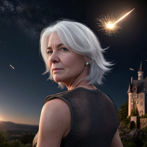 white-haired woman watches as meteorites fall on her castle