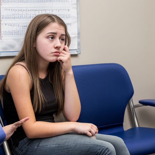 upset teenage girl in the principals office waiting room