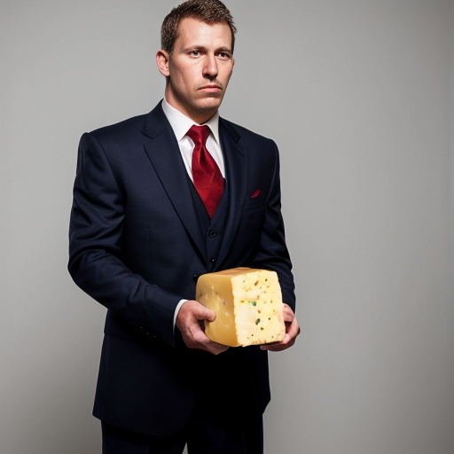 Strong rat, cheese in hand, mug shot evil with suit