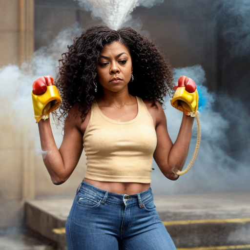 Taraji P. Henson as an FBI one beige fur jacket and yellow beige tank top red and yellow dots and blue jeans with long curly thick hair 20th Century Fox spray sprinkling water TNT stone smoker *punch*
