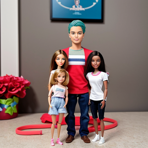 make a family photo of 3 with a 3 year old barbie and a 15 year old ken with there dad.   make barbie 3 years old