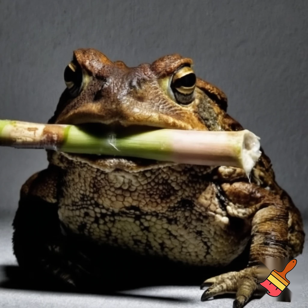 Cane Toad, Angry, Frowning, Sugercane in mouth, prisoner, Mugshot