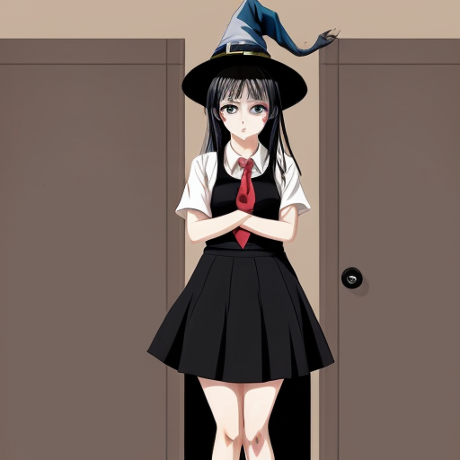 An anime witch girl with black hair, cute face, black eye. She have been abused until she only have broken skirt left. She is 16 year old and height is 1,5m. She is tried to cover her skirt. The background is village with a lot of peopla