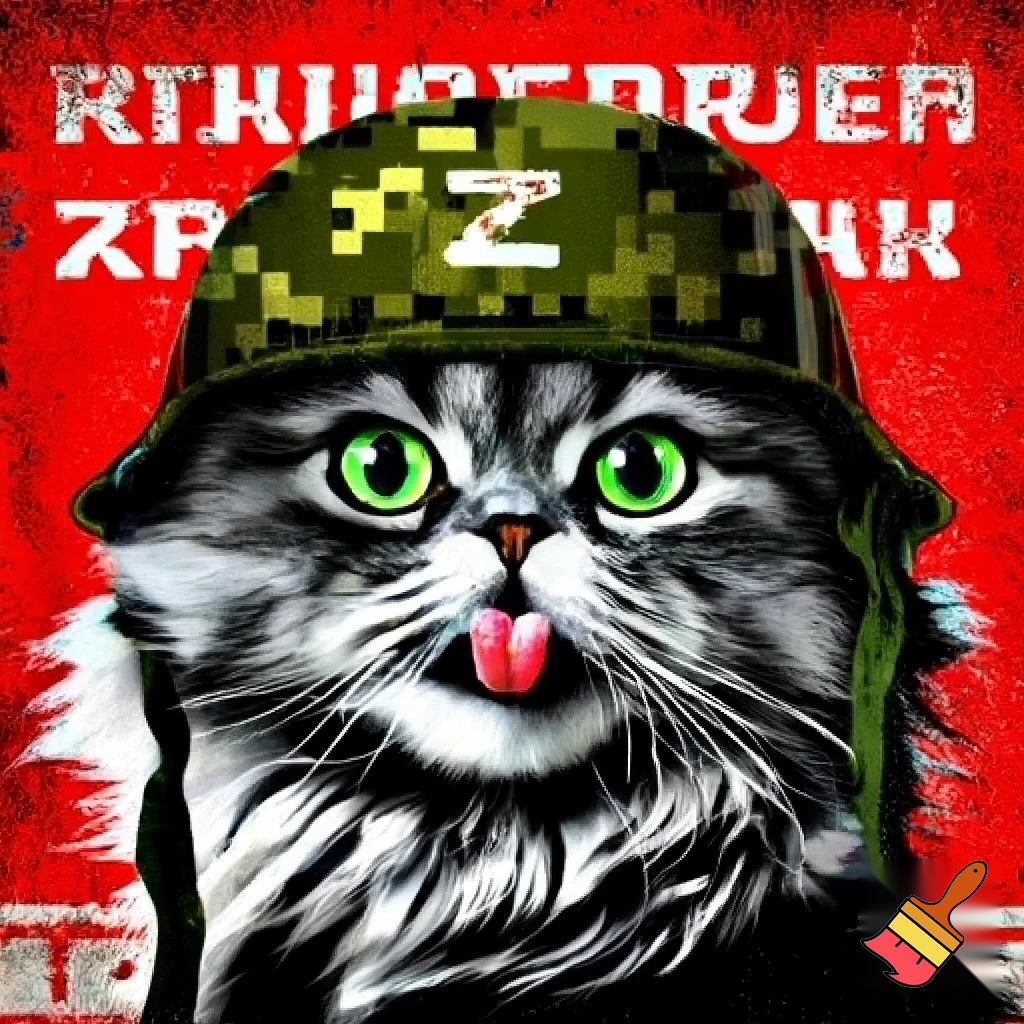 A hyper-realistic close-up portrait of a fluffy gray Siberian cat with bright green eyes, sticking its tongue out playfully. The cat is wearing a digital pixelated camouflage military helmet. The style is a Soviet-era military propaganda poster or socialist realism, with bold stylized graphics, high contrast, and a limited color palette of olive green, black, red, and white. In the background, bold Cyrillic text in red and white: at the top "БООРУЖЕННЫЕ СИЛЫ РОССИИ" (Armed Forces of Russia) and at the bottom "KAMAZ". The letter "Z" is prominently displayed on the side of the helmet or in the background. The image has a slightly grainy, vintage print texture. The mood is ironic and humorous, mixing cuteness with military aesthetics. --style raw --ar 2:3