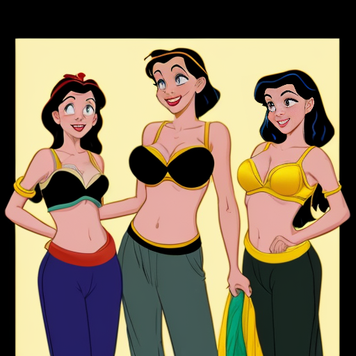90's disney's 2d aladdin style comic black background and of tiana with dark green harem pants and bra and curved slippers conjoined by the belly of snow white with yellow harem pants and yellow bra and yellow curved slippers both gives a smile and winking their left eye 