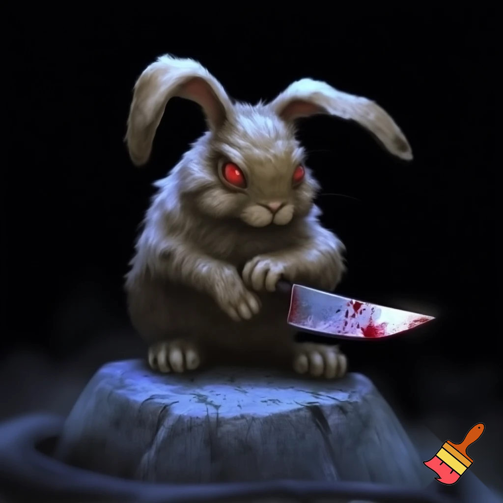 european rabbit, red eyes, bloody knife, black night, on a stone
