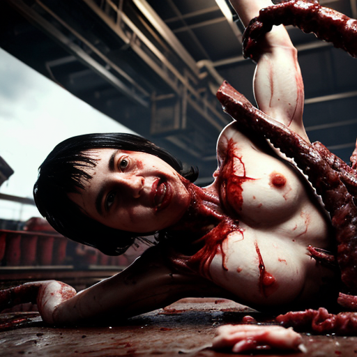 Photorealistic cinematic horror still, grim industrial human abattoir processing facility, blood-drenched concrete walls with exposed rusty pipes and flickering fluorescent lights, long conveyor belt carrying piles of naked flayed human corpses with realistic wet muscle tissue, exposed bones, and glistening blood, scattered entrails and meat chunks on the floor, workers in stained overalls and hard hats handling hooks and bodies with exhausted or horrified expressions, hanging dismembered torsos on overhead meat rails, massive background machinery like giant grinders, visceral body horror and industrial decay, inspired by Texas Chain Saw Massacre, David Cronenberg, H.R. Giger biomechanical style, and Goya's grotesque paintings, ultra-detailed textures, subsurface scattering on skin and blood, cinematic volumetric lighting, raw photorealism, 8k, horror atmosphere --ar 3:4 --stylize 50
