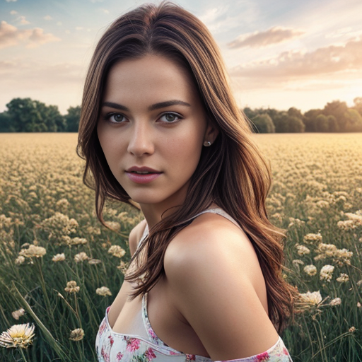 campo fiorito con donna completamente nuda