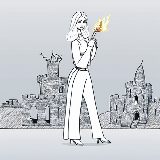 young, tall, white-haired woman in armor stands in front of a burning castle into which meteorites are falling.