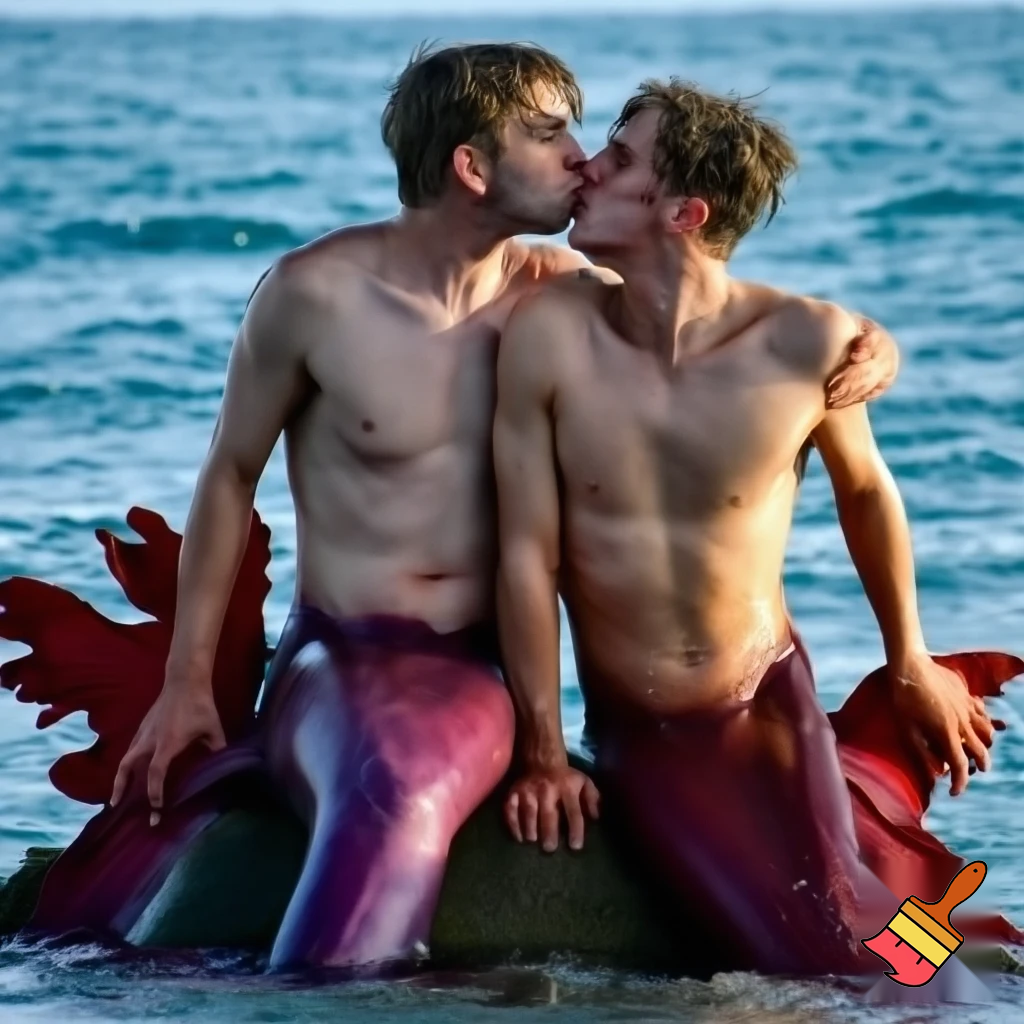 Outdoor photo of realistic shot of two caucasian mermen sitting together on a rock in the middle of the ocean, with one merman having his arm around the other. Their bodies are toned and muscular, with narrow waists and wide shoulders. They have short wet and messy hair. Their bodies are dripping wet. Their waists merge seamlessly into long, deep scarlet fish tails with large frilly fins. They are looking into each others eyes. They are kissing.